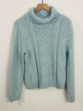 New York & Company Pullover Wool Mix Baby Blue Cable Knit Turtleneck Sweater